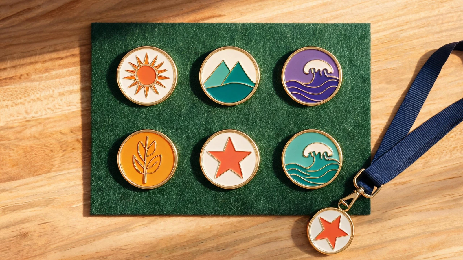 A matching set of colorful blank commemorative pins arranged on a fabric display board beside an event lanyard