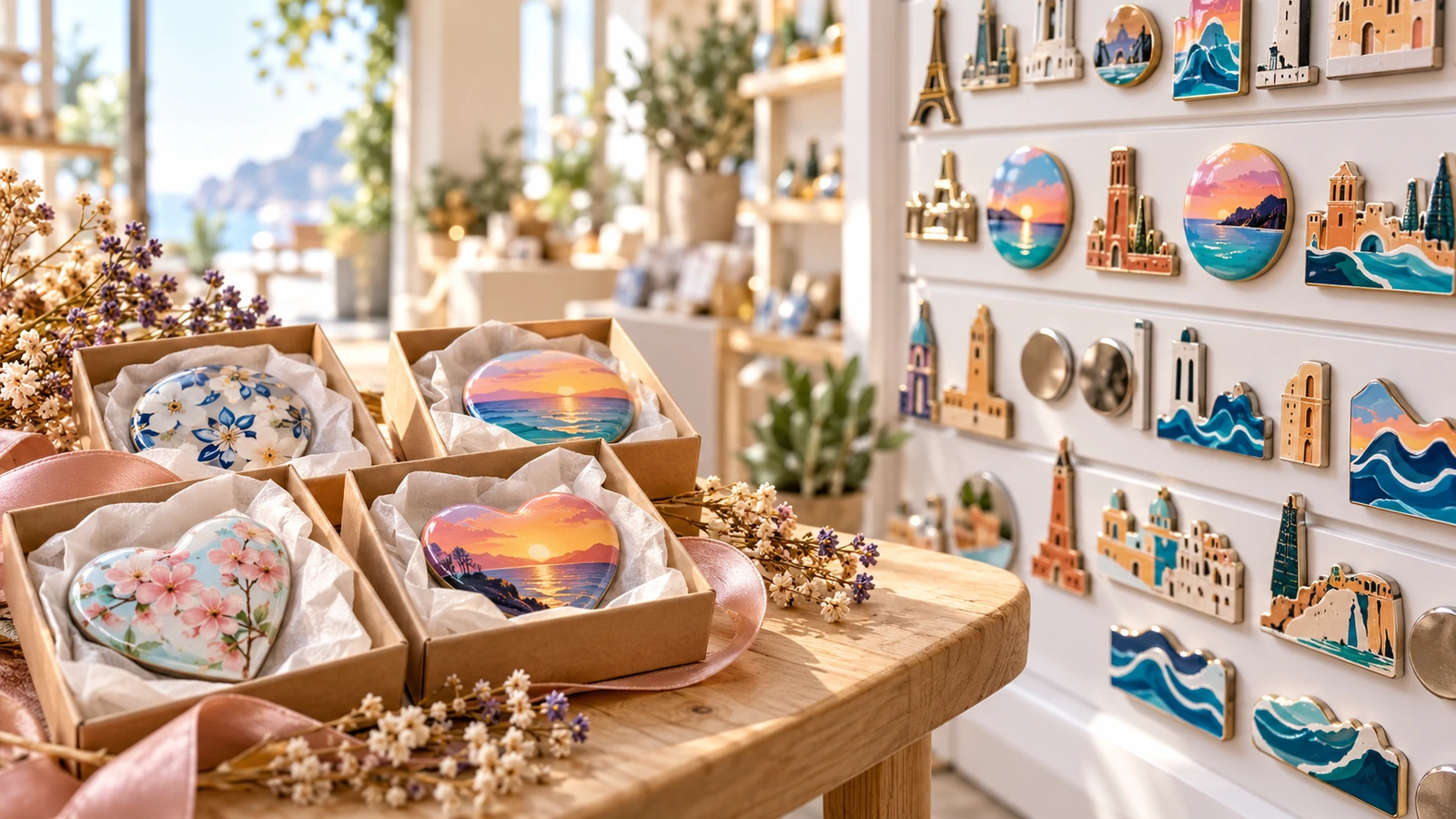 Glossy domed fridge magnets packed in small gift boxes beside a souvenir display rack, illustrating event favor and tourism retail use