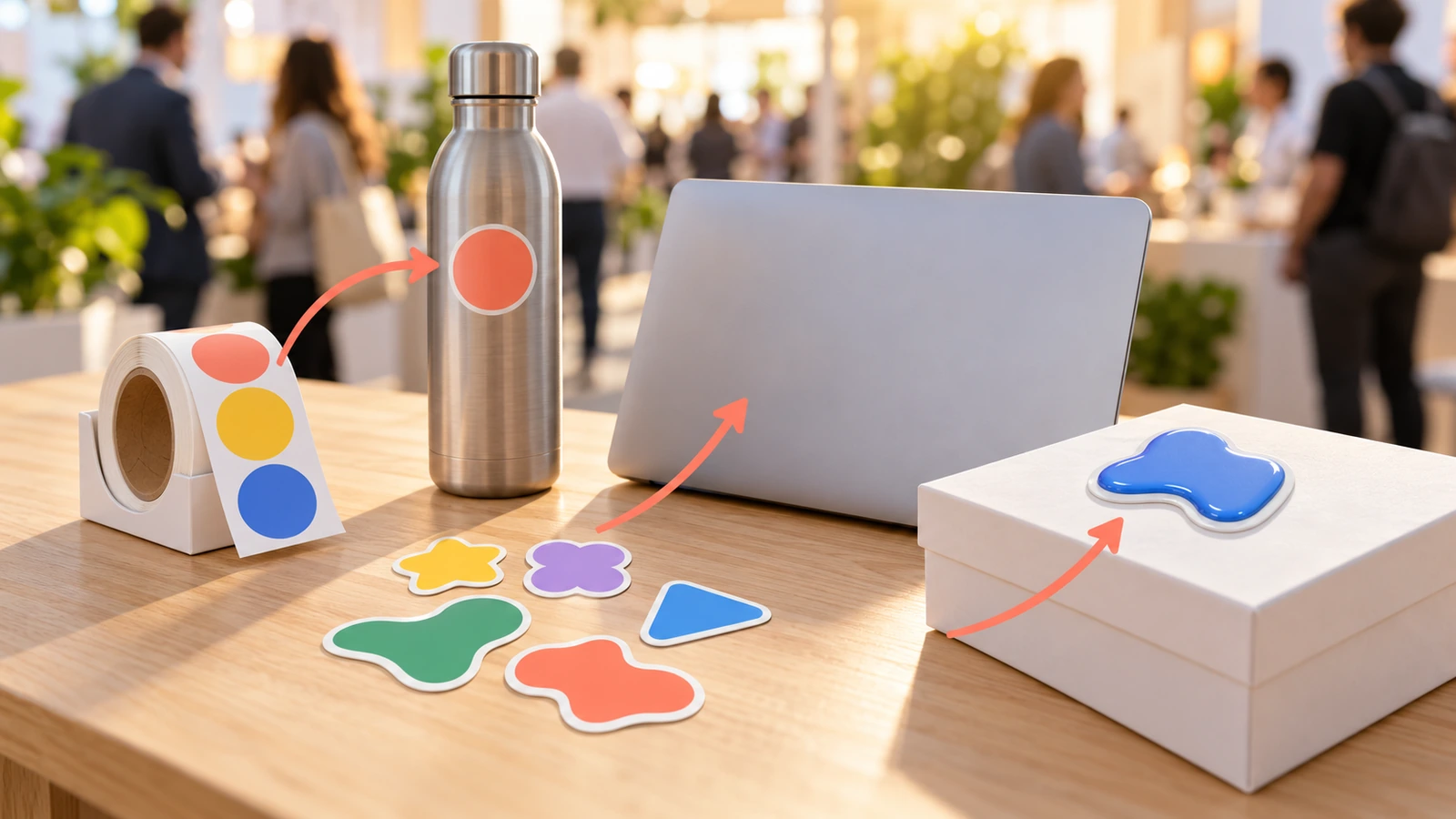 Trade show table with three sticker formats: a roll dispenser, loose die-cut singles and a soft raised logo sticker, with arrows showing them moving onto a laptop, a water bottle and a gift box