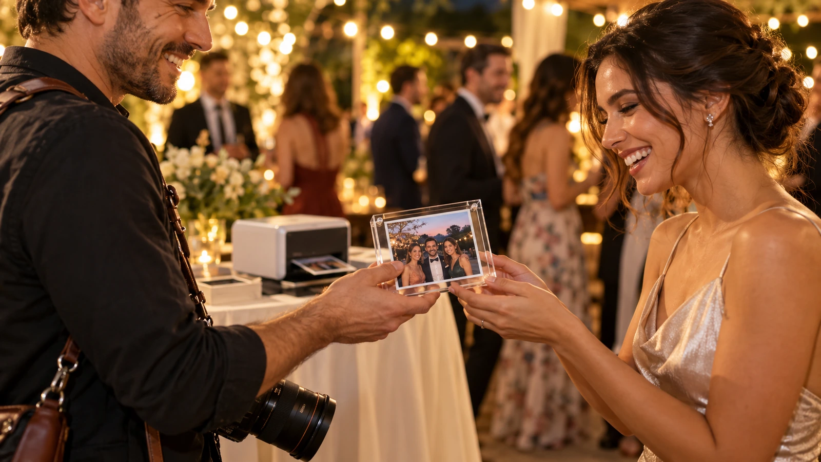 Event photographer handing a guest a clear acrylic magnet frame holding a freshly printed photo at an evening reception