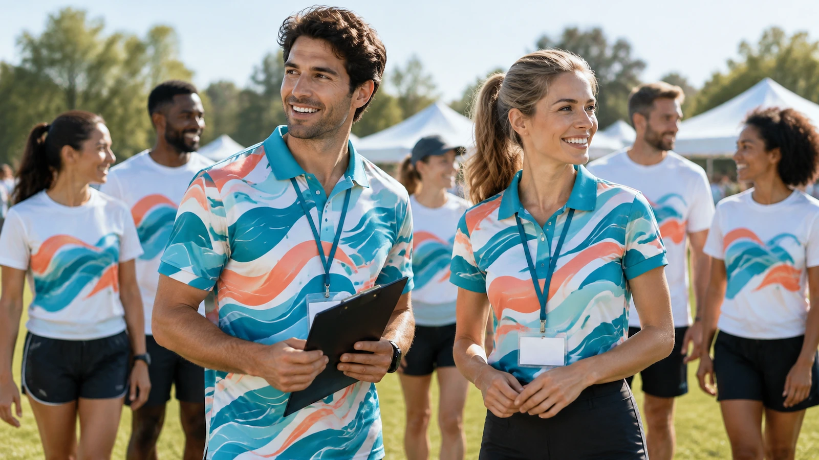 Event scene with participants in matching sublimated tees and staff in collared polos sharing the same color pattern