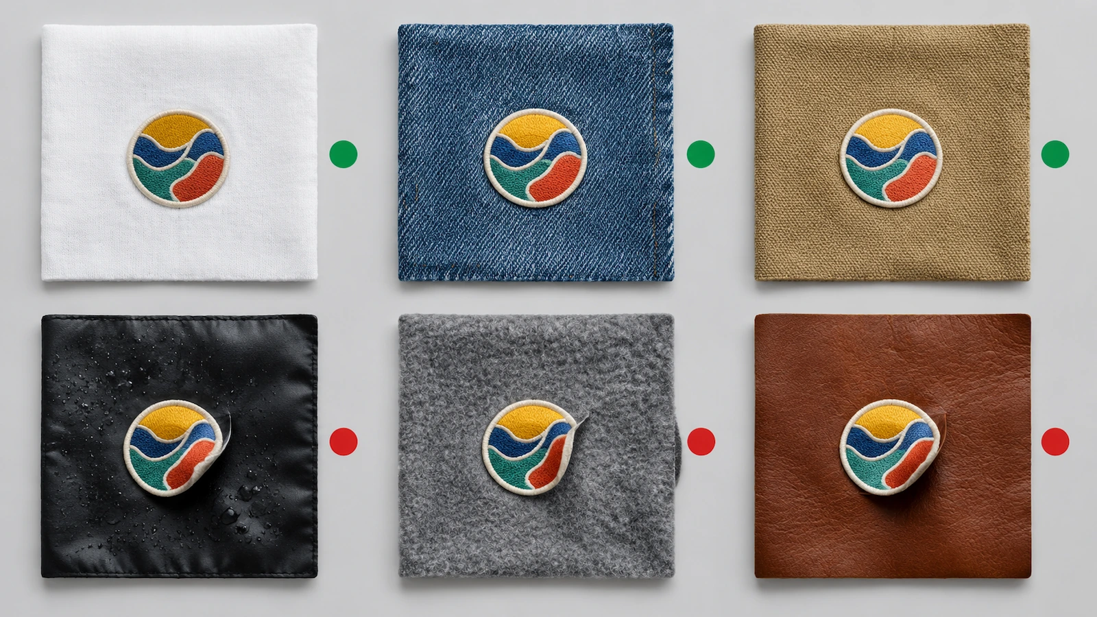 Grid of garment fabric swatches with patches, green indicators on cotton and denim and red indicators on nylon and coated fabric