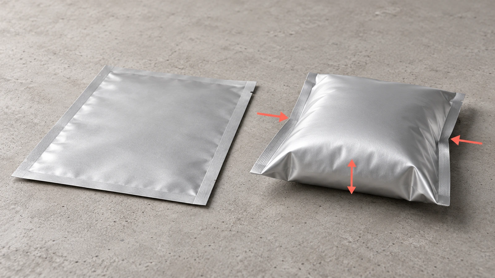 Side view of an empty flat pouch beside a filled pillow-shaped pouch, showing how filling adds thickness and shrinks the flat footprint