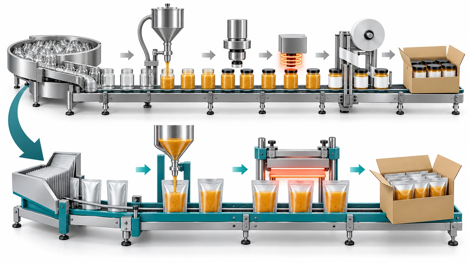 Side-by-side line diagram: rigid jar line with capper and labeler stations versus a compact pouch line with filler and heat sealer, connected by arrows