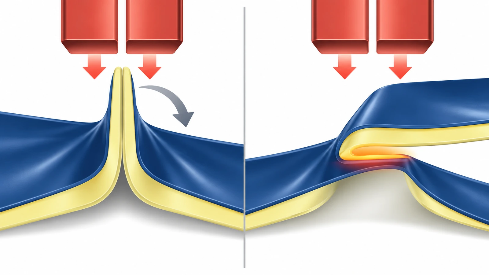 Cross-section diagram comparing a fin seal, where inner layers meet and fold over, with a lap seal, where the inner layer overlaps the outer surface