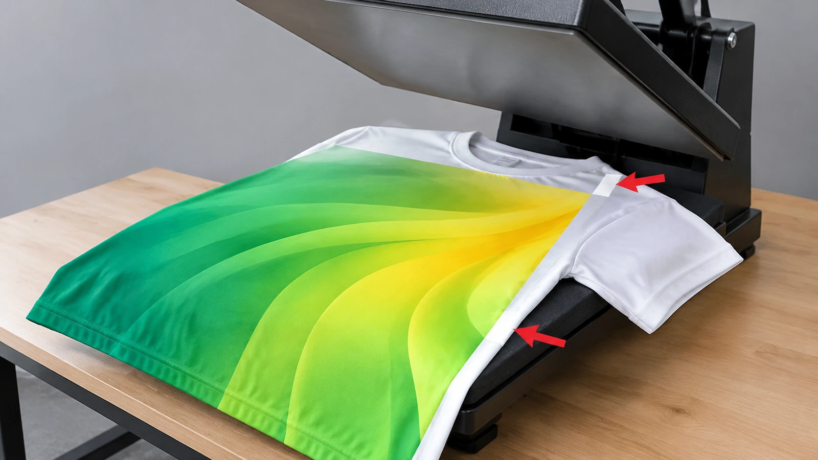 Heat press platen over a sewn polyester tee with arrows pointing to unprinted gaps along the side seam
