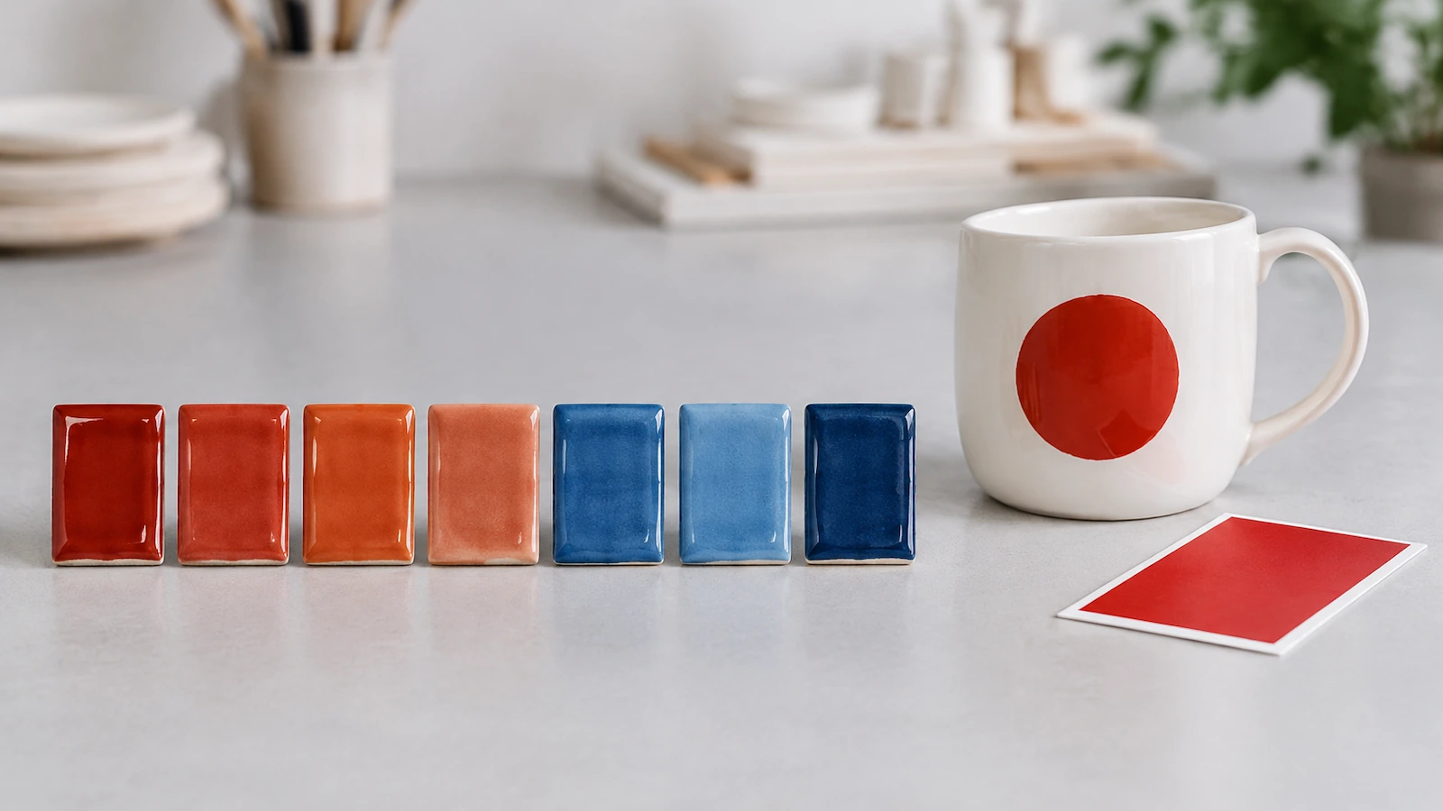 Row of fired ceramic color tiles in graduated red, orange and blue shades beside a white glazed mug for visual color matching