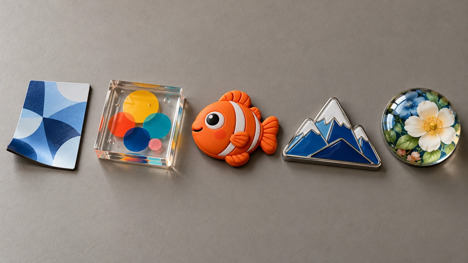 Five fridge magnet formats arranged in a row on a neutral surface: flexible printed, clear acrylic, soft molded PVC, metal enamel and glossy epoxy dome