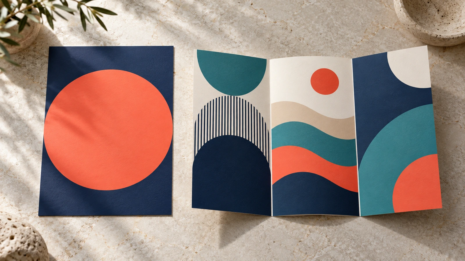 A flat single-sheet flyer beside a partly opened tri-fold leaflet on a light desk, both printed with abstract color blocks