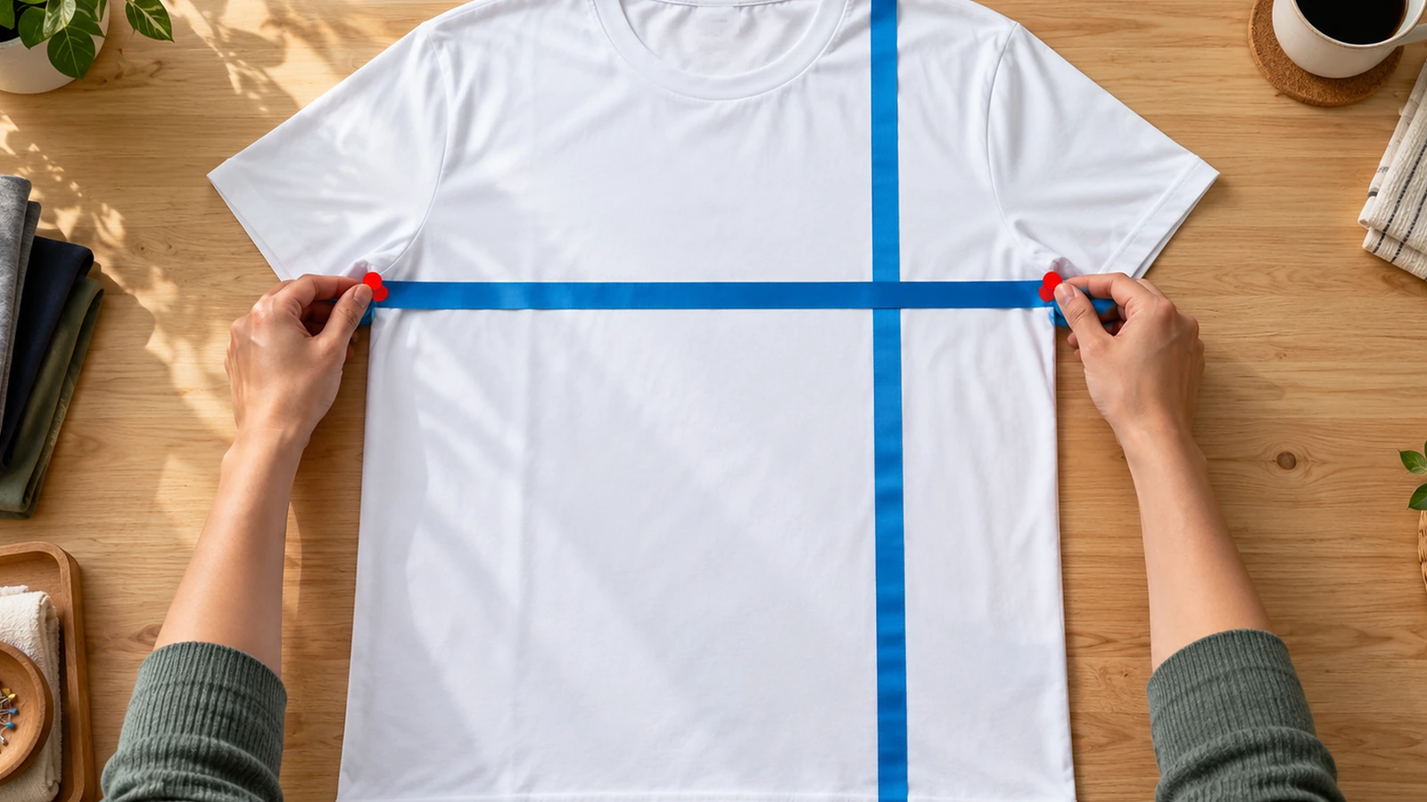 Hands measuring a white unisex polyester tee laid flat with a blank fabric tape across the chest