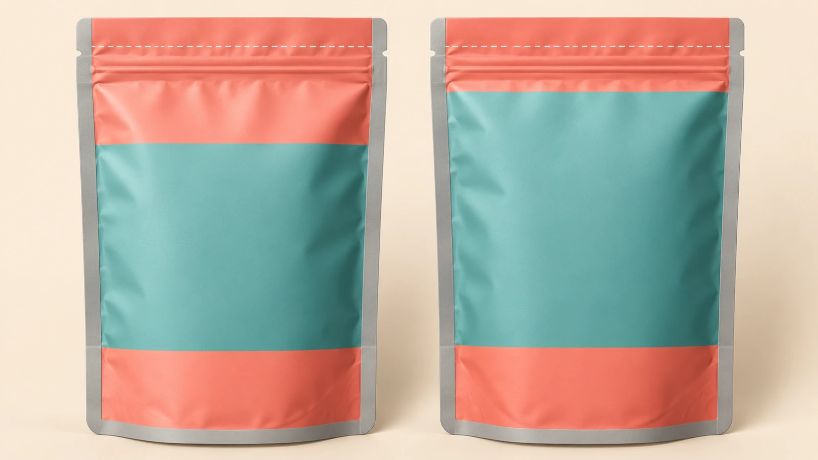 Diagram of the front and back panels of a flat pouch divided into colored blocks for mandatory warning space and brand artwork space