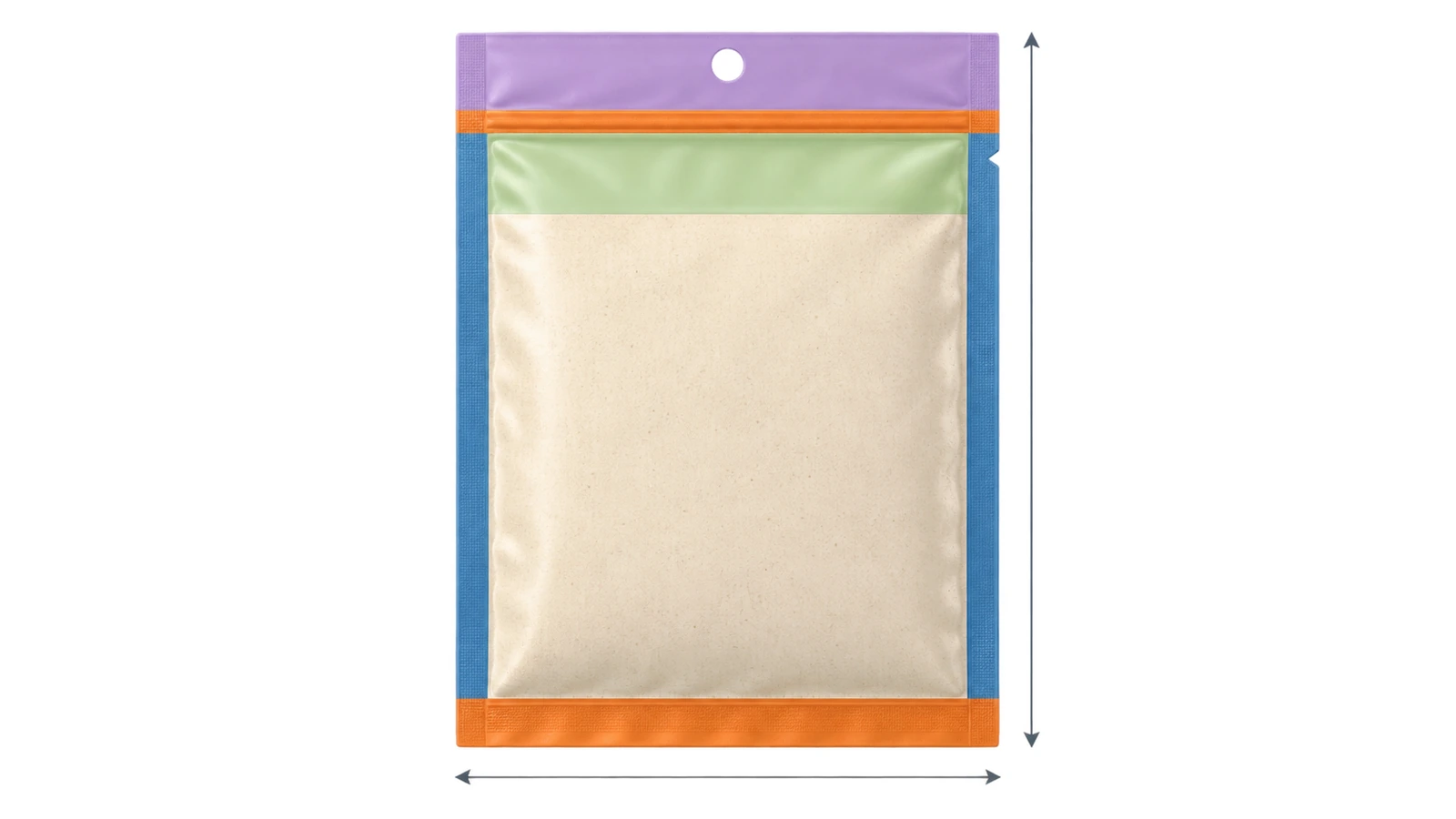 Diagram of a flat pouch with colored bands marking the side seals, bottom seal, product zone, headspace, top seal and hang-hole header