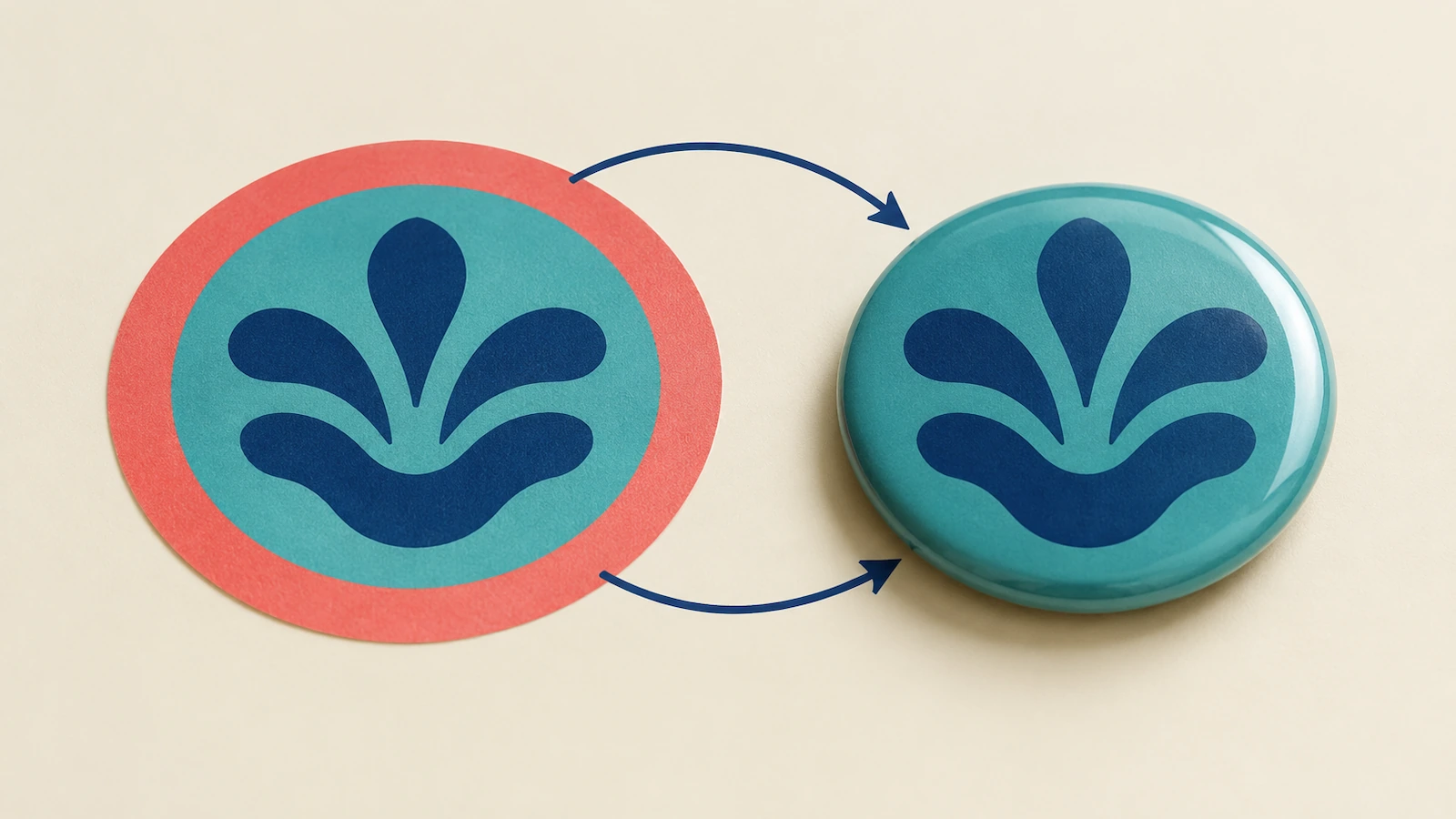 A flat printed paper circle beside a finished domed pinback button with curved arrows showing how the outer ring of the print folds around the edge of the metal shell