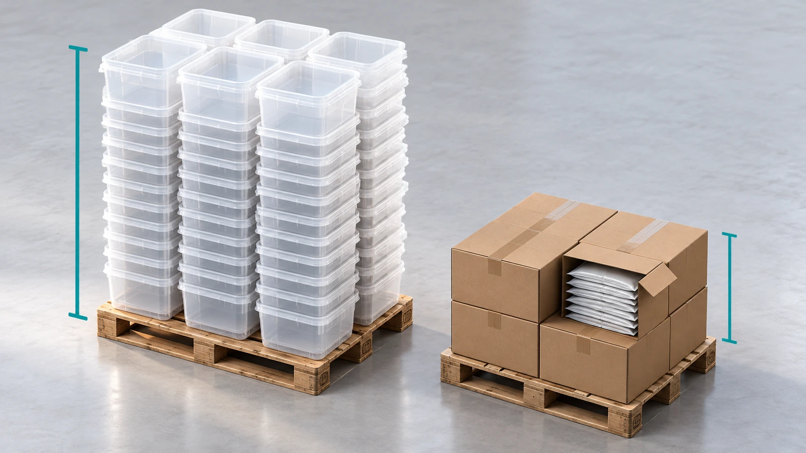 Two pallets compared: one stacked high with empty rigid tubs, one holding the same quantity of flat premade pouches in compact cartons