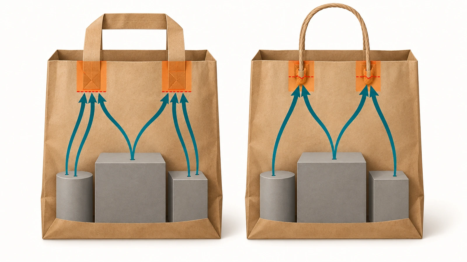 Illustration comparing a flat paper handle and a twisted paper cord handle on kraft bags, with arrows showing load stress concentrating at the handle attachment points