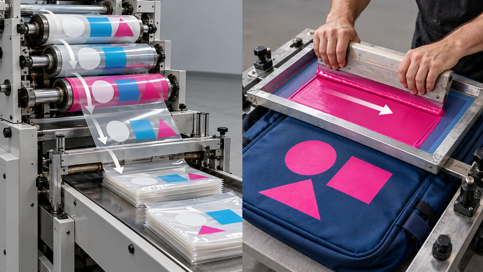 Split illustration of flexographic printing on a roll of polyethylene film and a screen-printing frame applying ink to a fabric backpack panel
