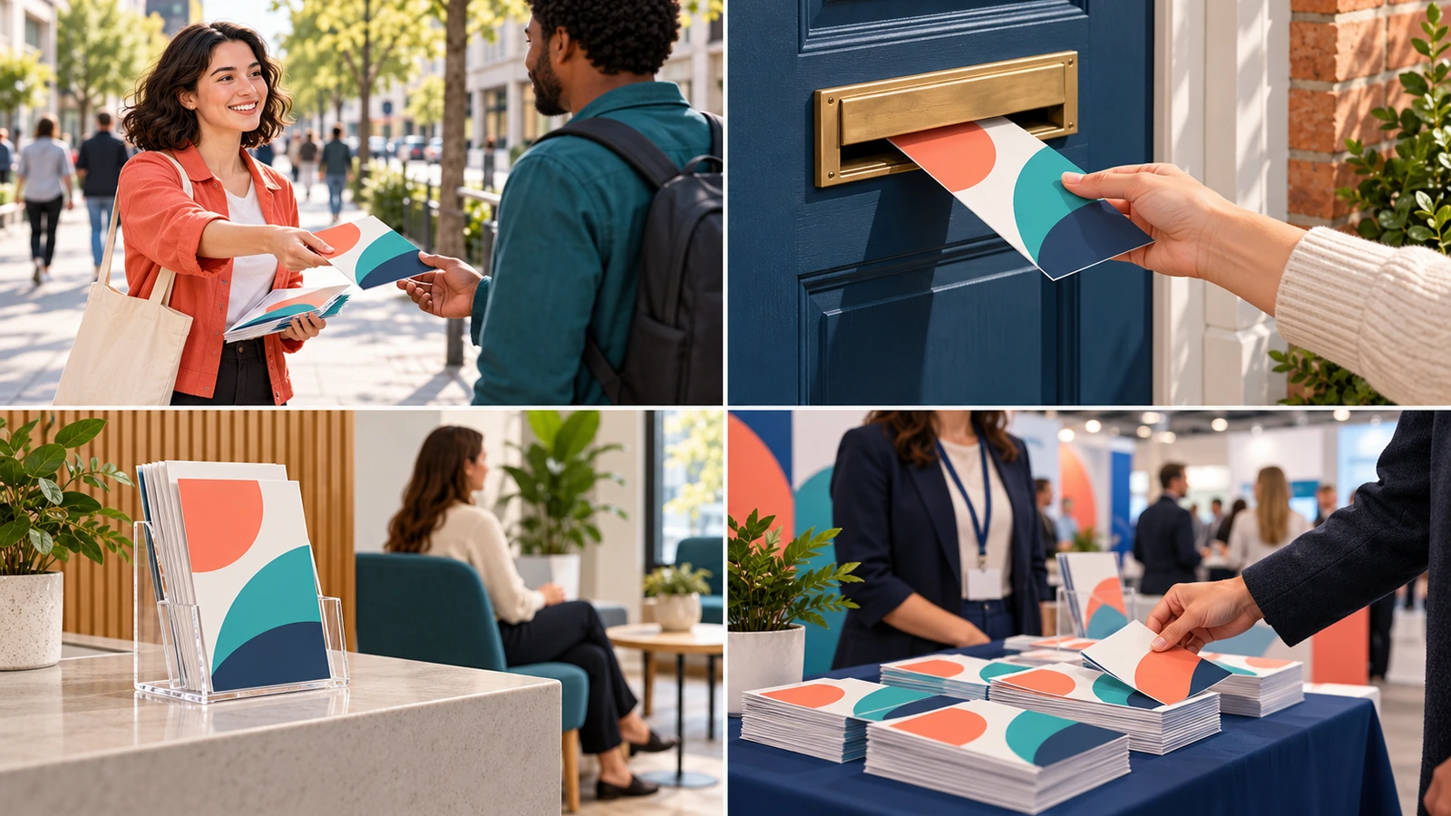 Four scenes showing printed pieces handed out on a street, dropped through a home mailbox, displayed in a counter rack and stacked on a trade show table