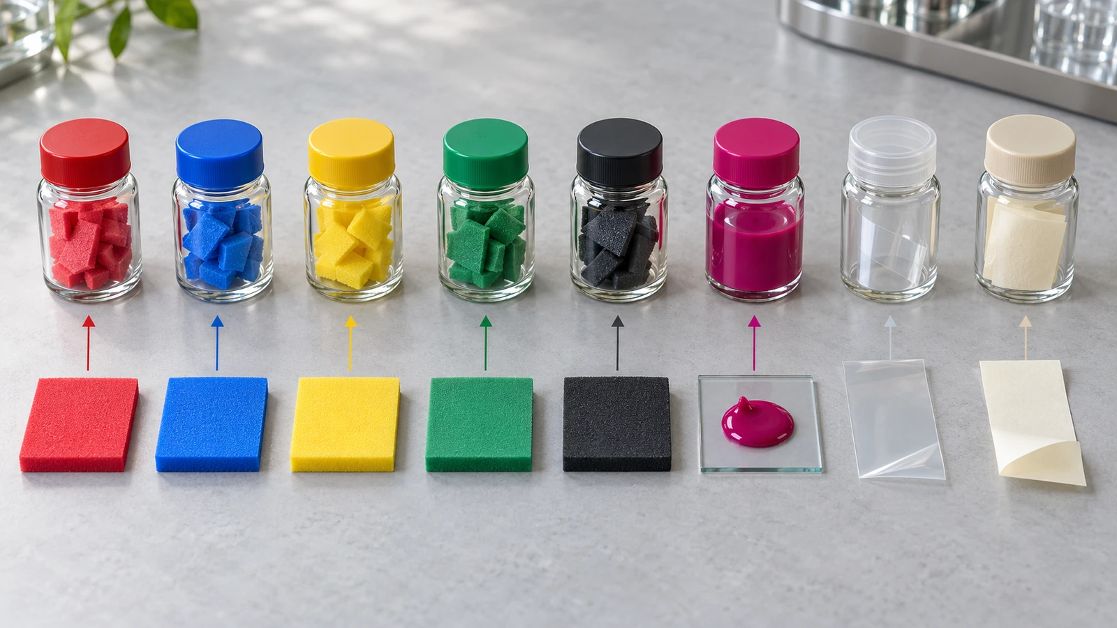 Separate swatches of colored EVA foam, ink, adhesive film and release liner arranged beside small laboratory sample jars, representing component-by-component safety testing
