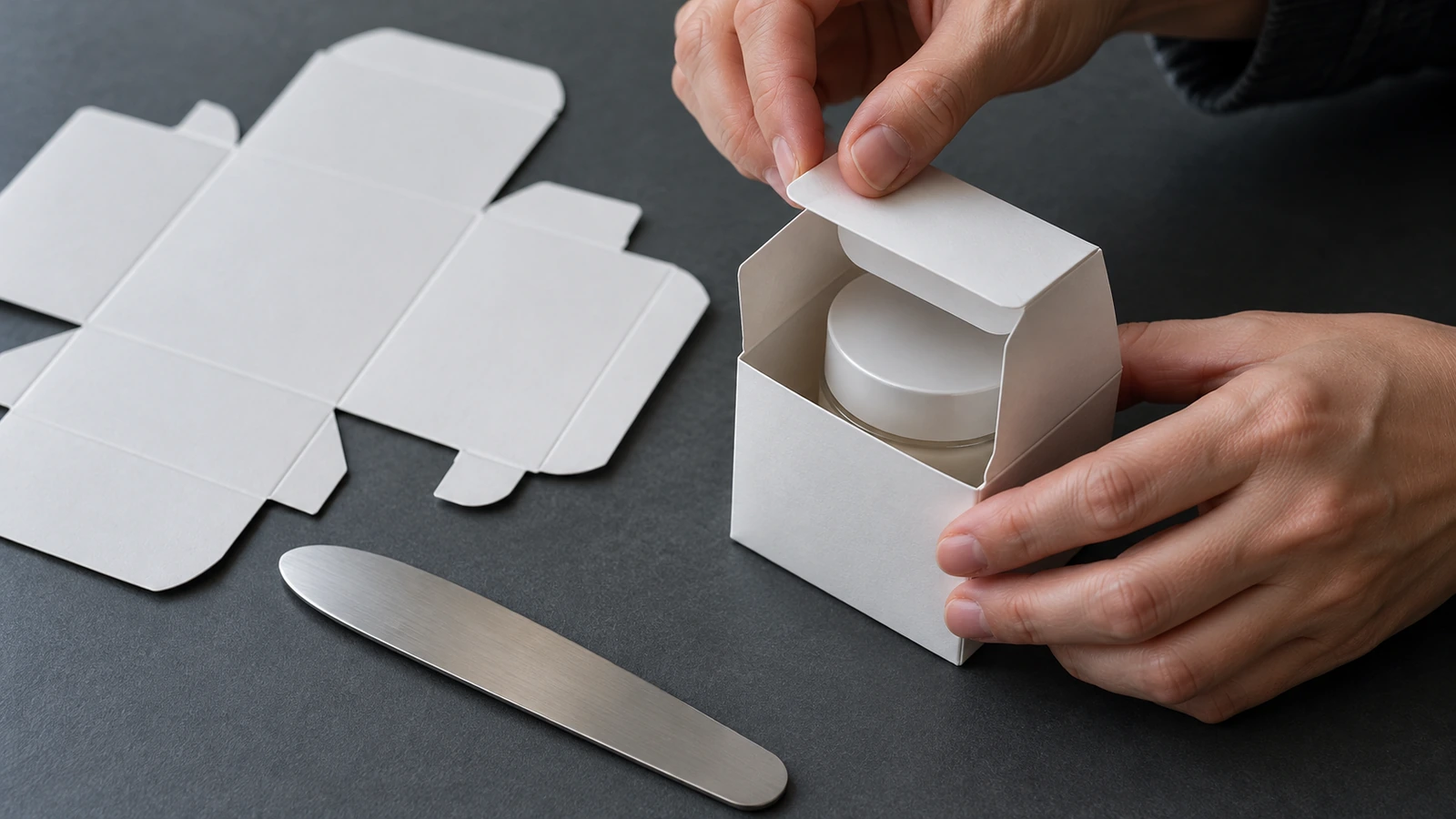 Hands folding a plain white sample carton closed around a small product on an unmarked work surface