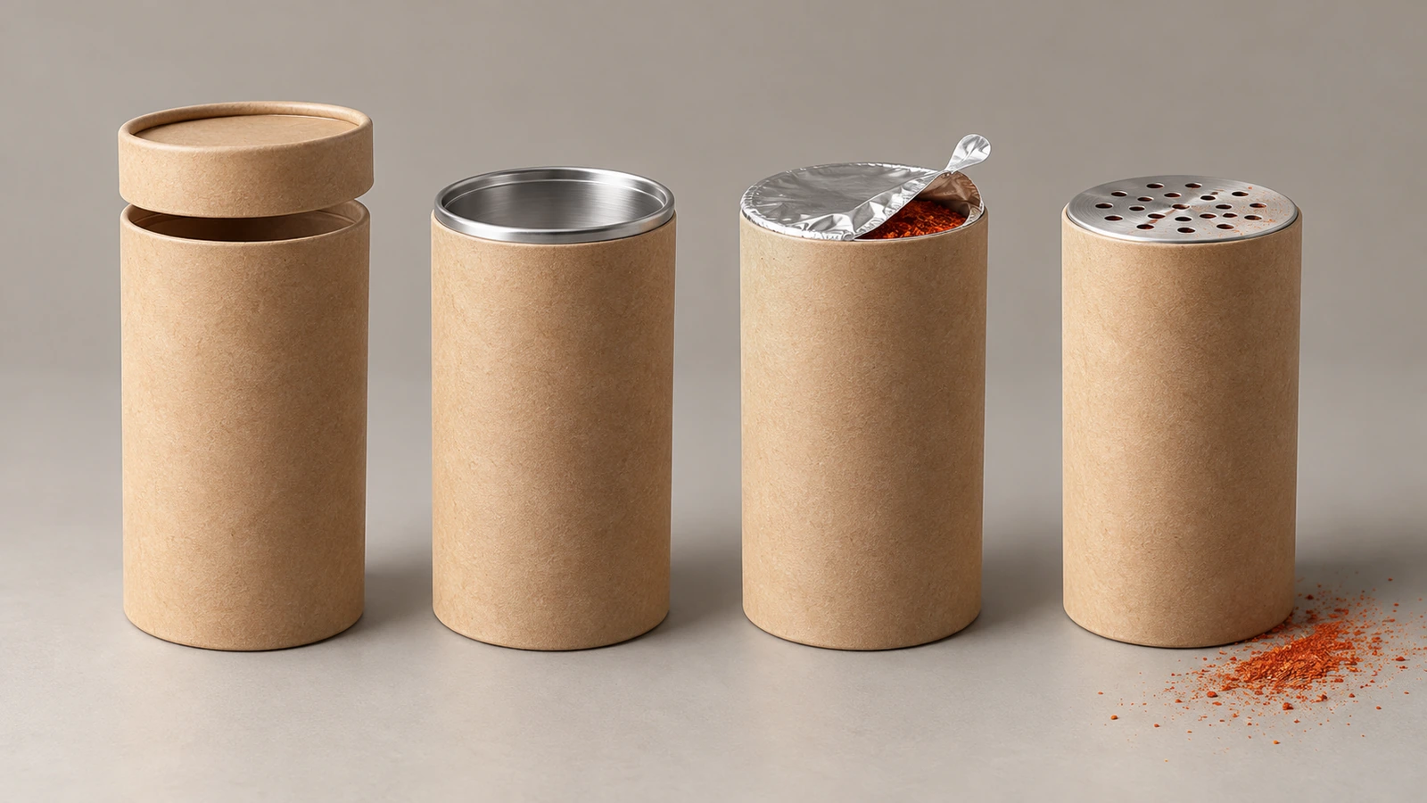 Four plain paperboard tube tops side by side: a telescoping lid, a rolled metal end, a partly peeled foil membrane and a perforated shaker top