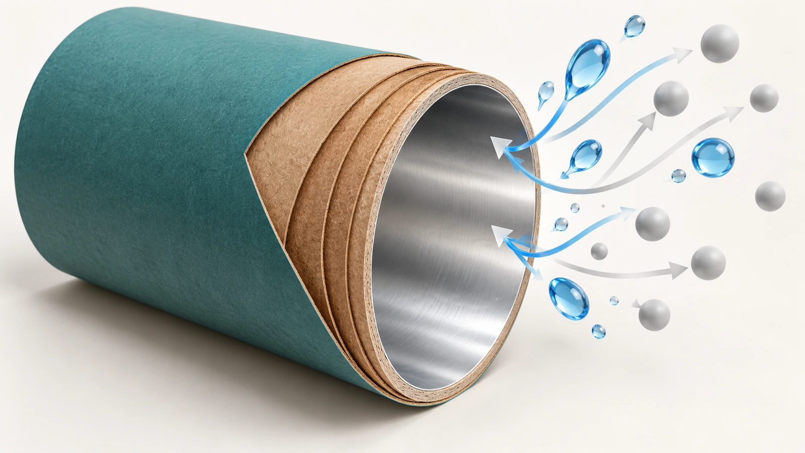 Cutaway illustration of a paperboard food tube showing outer ply, structural board plies and a metallic inner liner, with arrows indicating moisture and oxygen being blocked