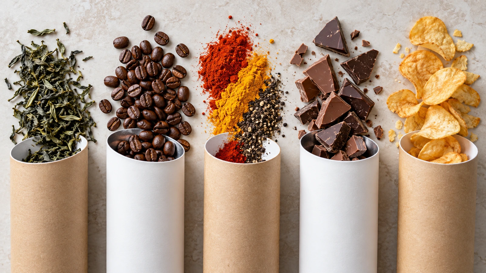 Plain unprinted kraft and white paperboard tubes arranged with loose tea leaves, roasted coffee beans, colorful ground spices, chocolate pieces and snack crisps on a neutral surface