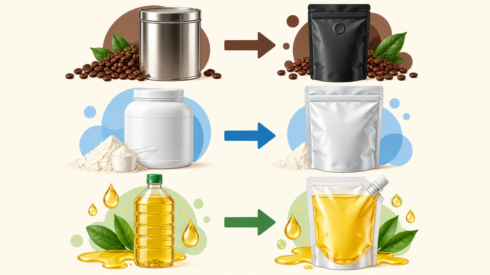 Mapping diagram linking a coffee tin to a valve pouch, a powder tub to a wide zipper pouch, and a liquid bottle to a spouted pouch with colored arrows