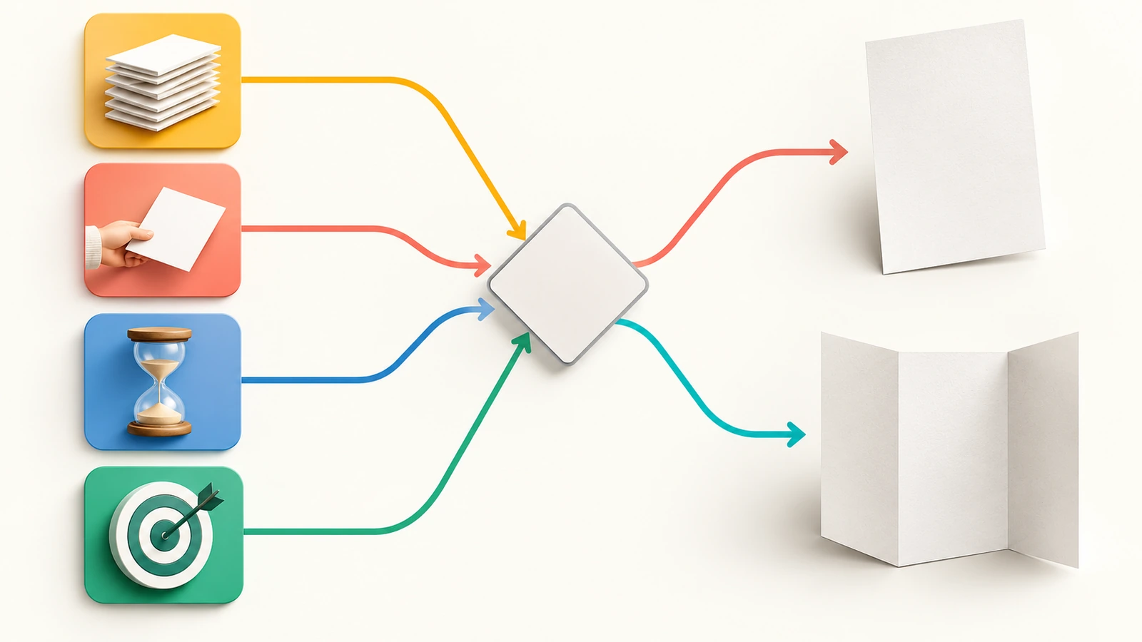 Illustration of four decision factors, content volume, distribution channel, reading time and campaign goal, flowing into either a flat flyer or a folded leaflet
