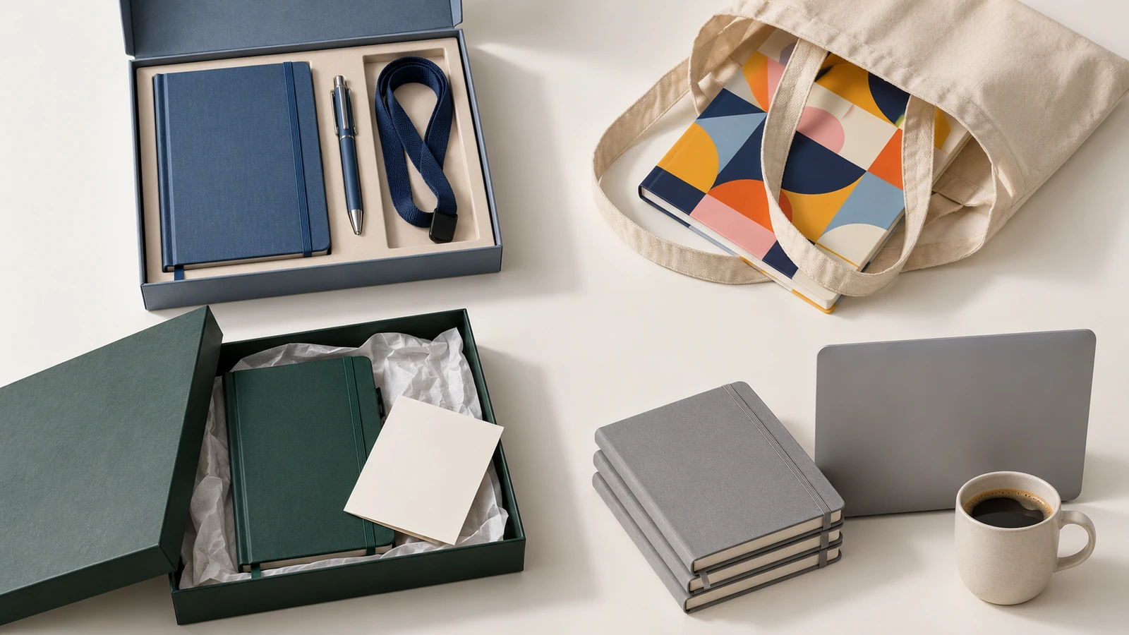Four groups of hardcover notebooks arranged as an onboarding kit, a conference tote, a client gift box and a training-room table setting