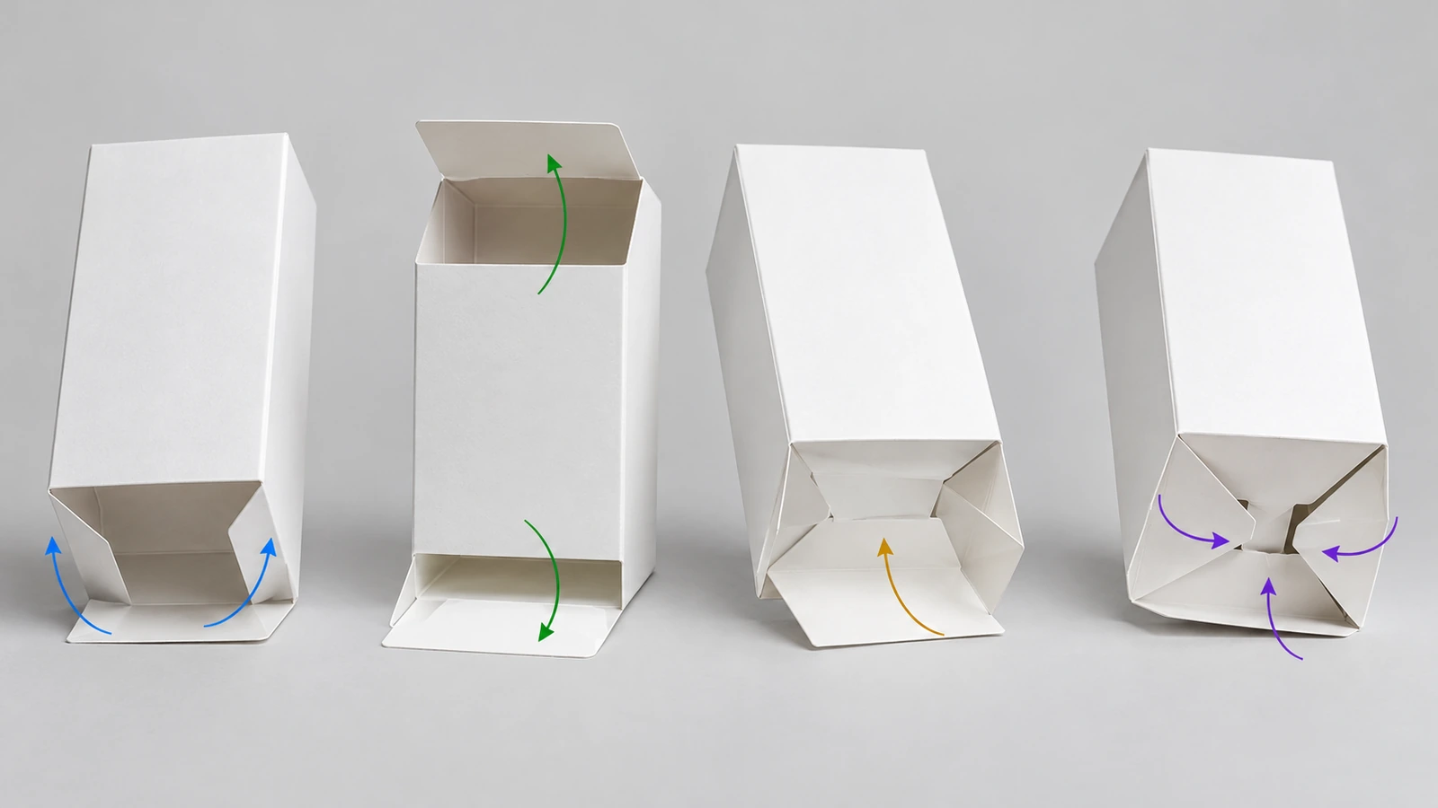 Four white paperboard cartons in a row showing straight tuck end, reverse tuck end, auto-bottom, and snap-lock structures, each with arrows showing how its flaps close