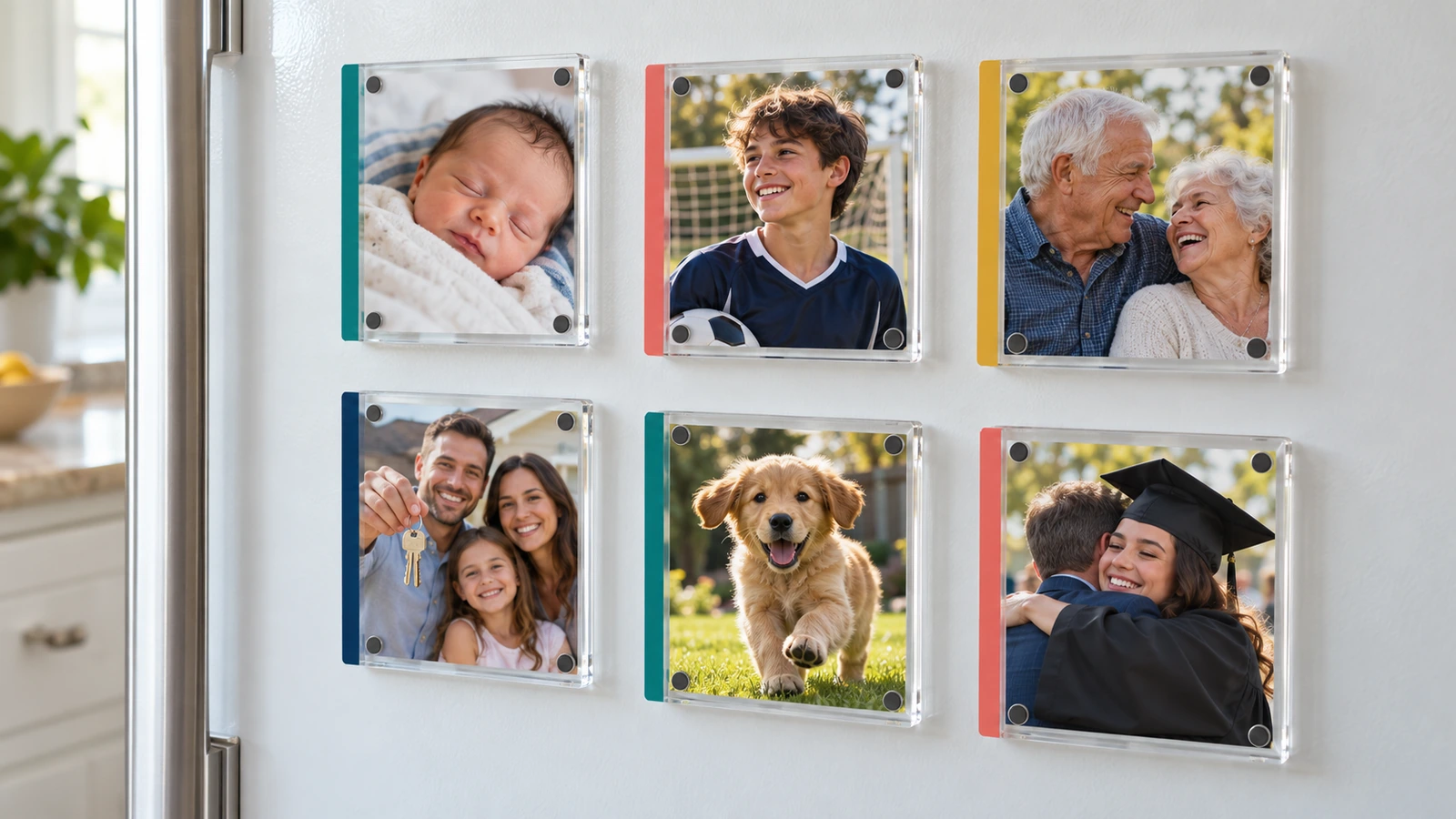 Several clear acrylic magnet picture frames holding family, child and pet photos on a white fridge door, each with a small colored brand stripe on one edge
