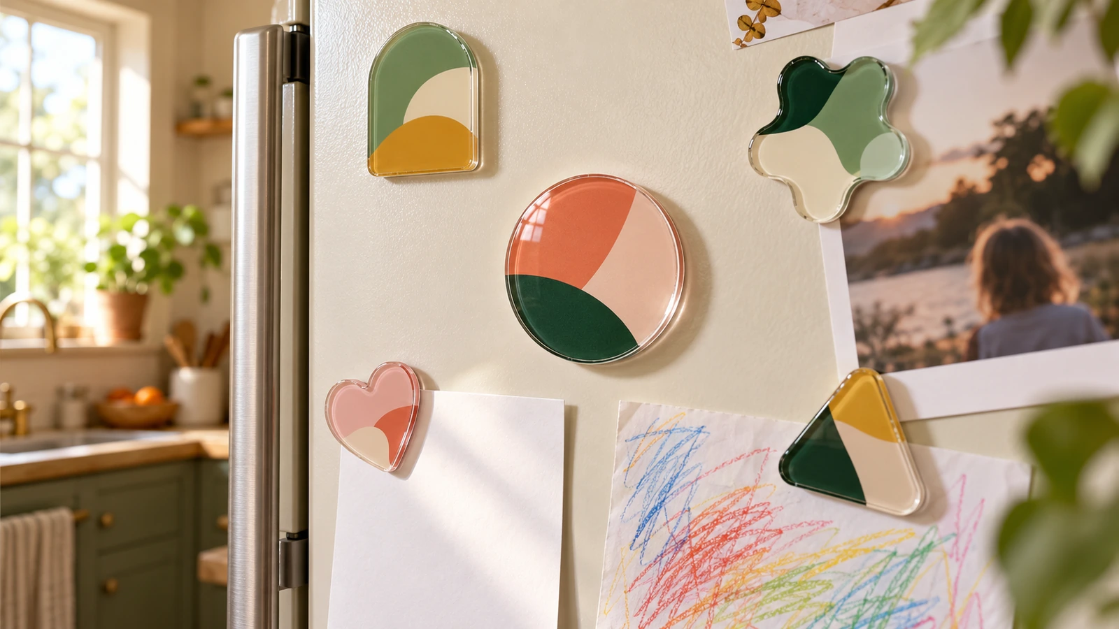 Refrigerator door with several clear acrylic promotional magnets holding blank papers and a family photo, showing how business magnets share space with personal items