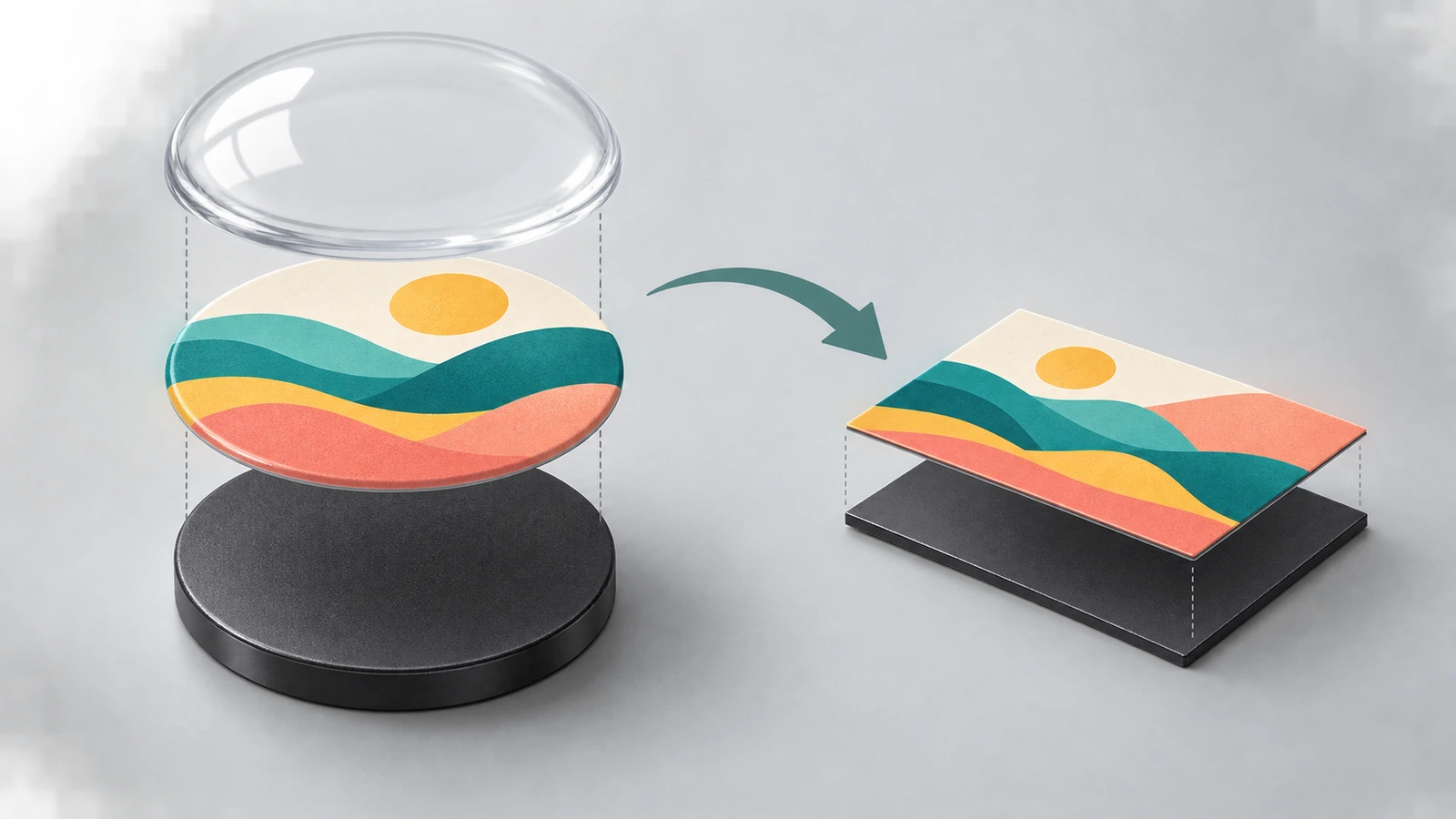Cross-section illustration of a custom fridge magnet showing the printed face, clear protective layer and magnetic backing as stacked colored layers