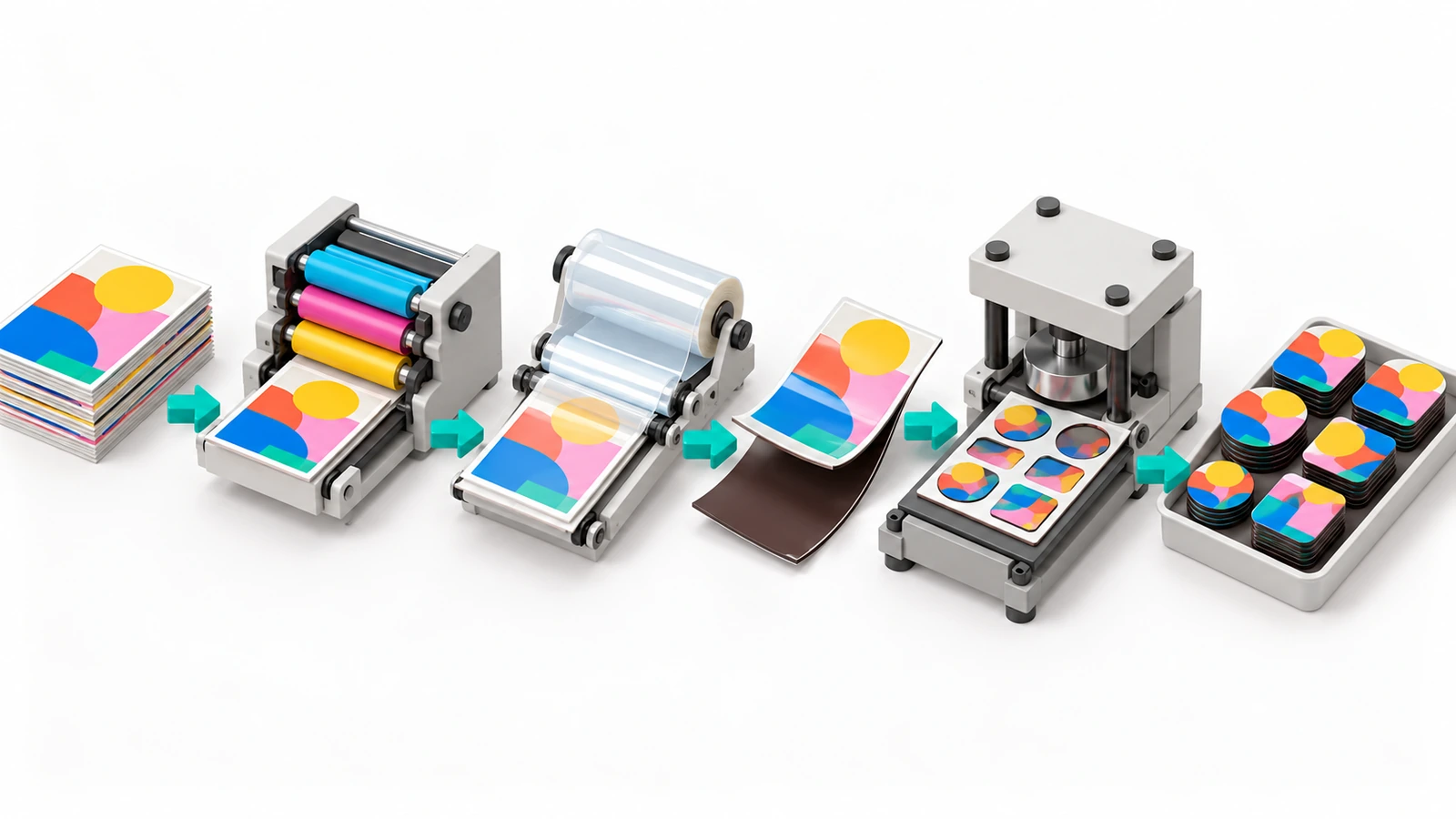 Production flow for printed fridge magnets from artwork through printing, lamination, magnetic backing and die-cutting