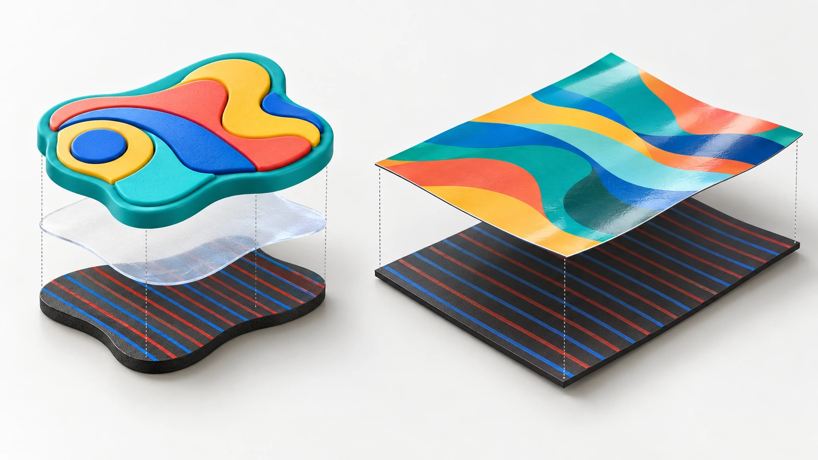 Exploded cross-section comparing a molded soft PVC fridge magnet with a separate magnetic backing strip against a single-layer flexible magnetic sheet with a printed face