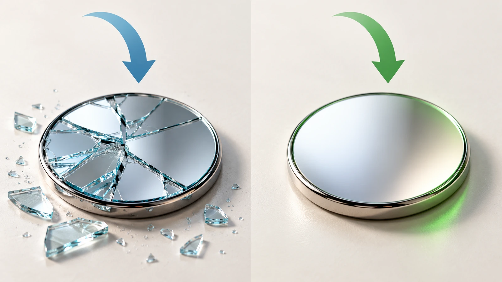 Side-by-side comparison of a glass button mirror face breaking into sharp fragments and an acrylic button mirror face staying intact after a drop, with arrows showing the fall