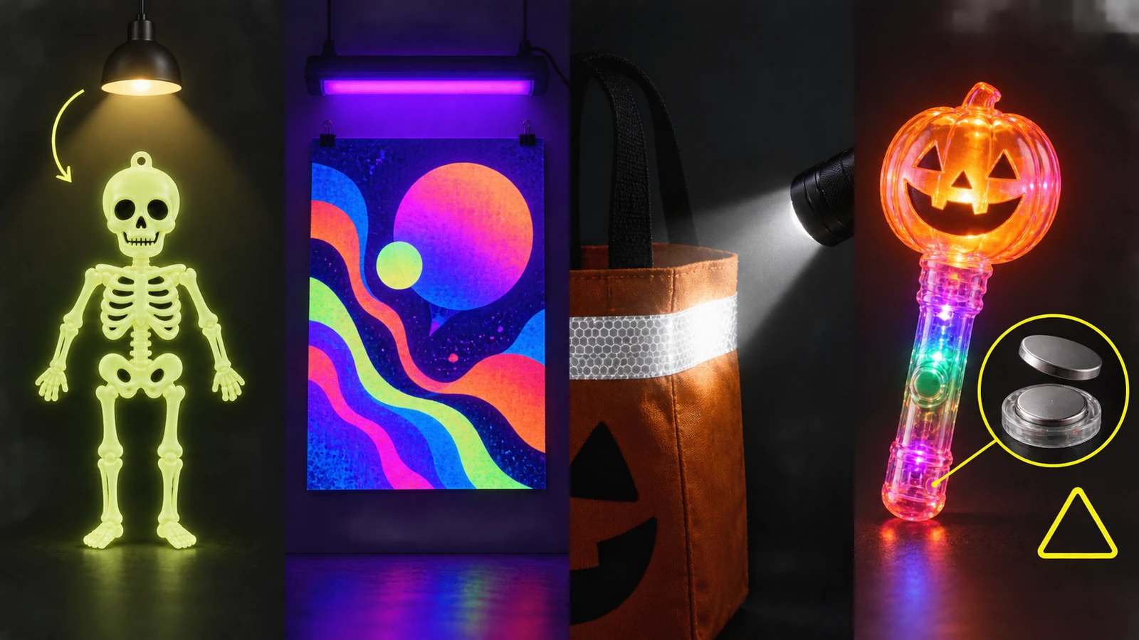 Four-panel illustration comparing a glowing sticker, a blacklight-lit print, a reflective strip lit by a flashlight beam and a battery light-up toy