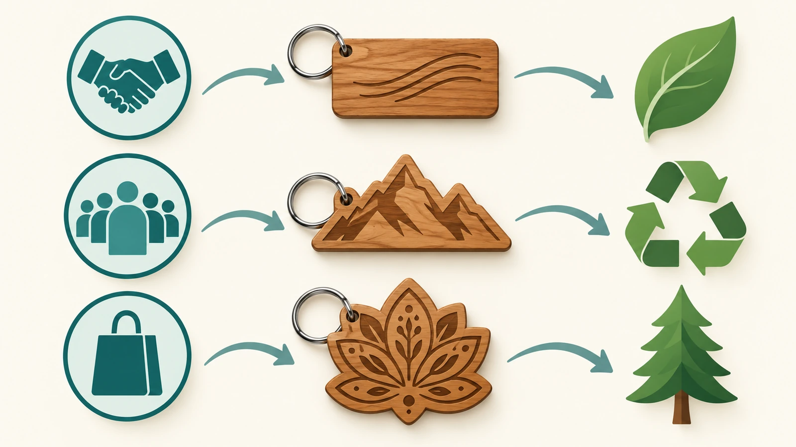 Diagram with arrows linking three campaign goals to three keychain styles and a leaf symbol for the matching sustainability message