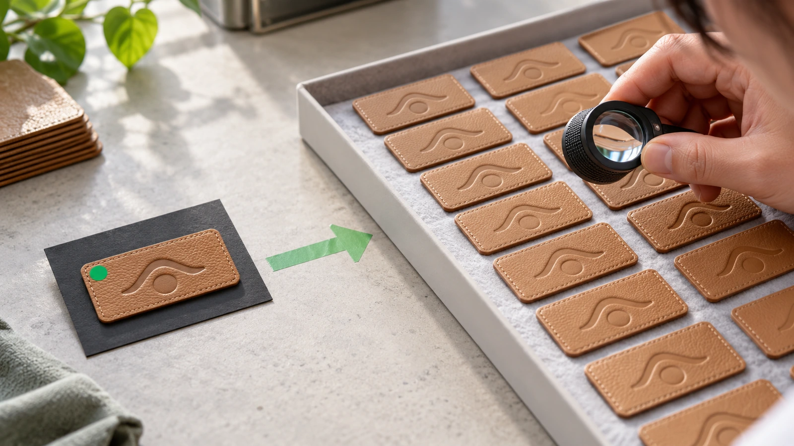 An approved sample label placed beside a tray of production labels for side-by-side comparison of color, embossing and edge quality