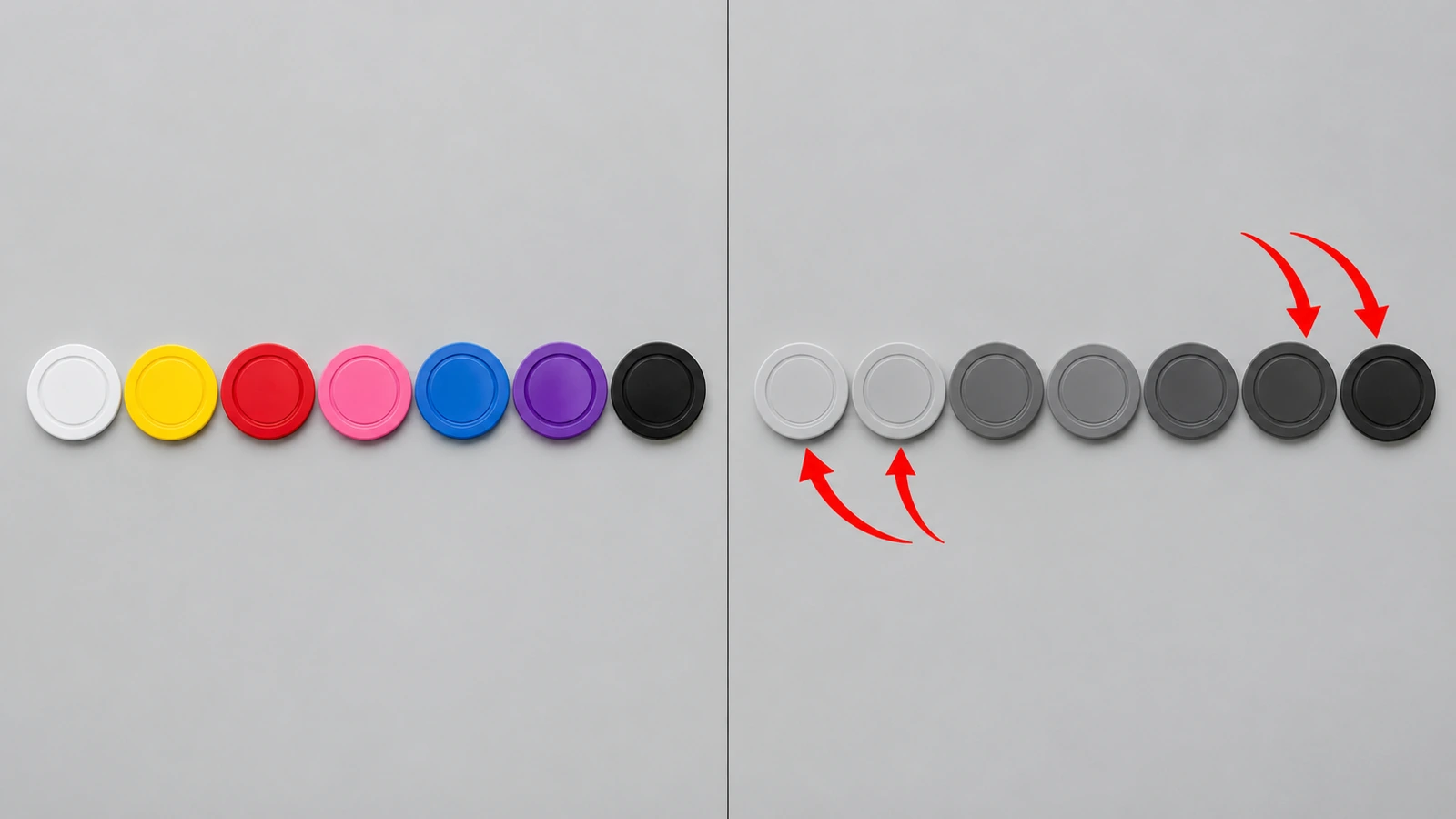 Two rows of identical chips, the left in full color and the right in grayscale, with an arrow pointing to two adjacent chips that turn into the same grey