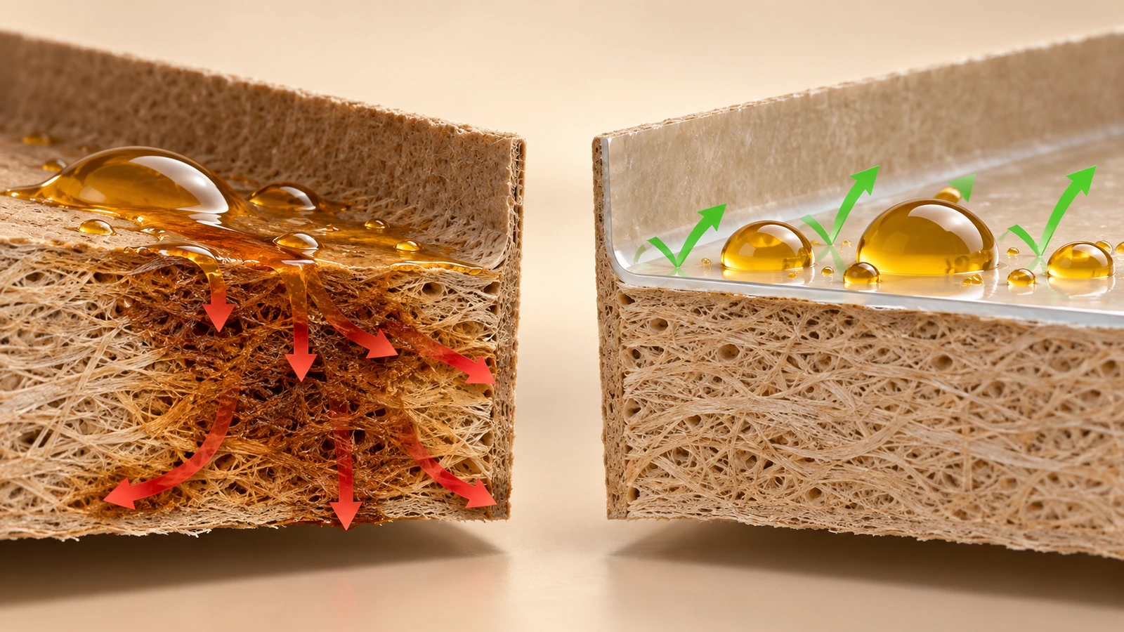 Cutaway illustration comparing two paperboard container walls: oil droplets soaking into untreated fiber on one side and stopped at a thin barrier layer on the other
