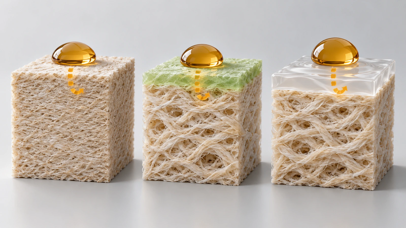 Cross-section illustration comparing three grease barrier paper mechanisms: densely refined fibre, chemically treated surface and a continuous film coating, with oil droplets stopped at different depths