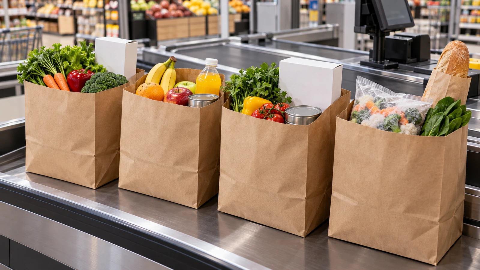 Supermarket checkout lane with plain brown kraft paper grocery bags filled with produce, bottles and boxed goods