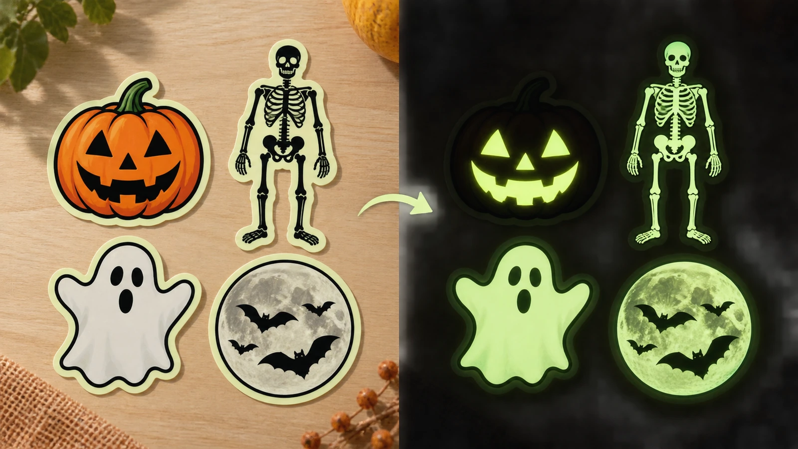 Glow in the dark Halloween stickers shown in daylight with full-color pumpkin, ghost and skeleton art, and in the dark with only the unprinted areas glowing green