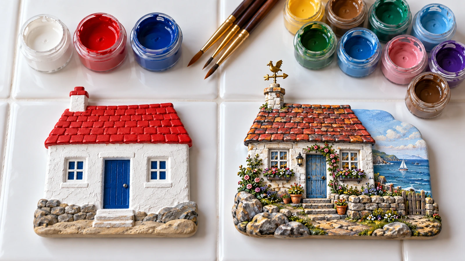 Two unbranded souvenir magnets side by side, one painted in a few flat colors and one with many fine painted details, with brushes and paint pots