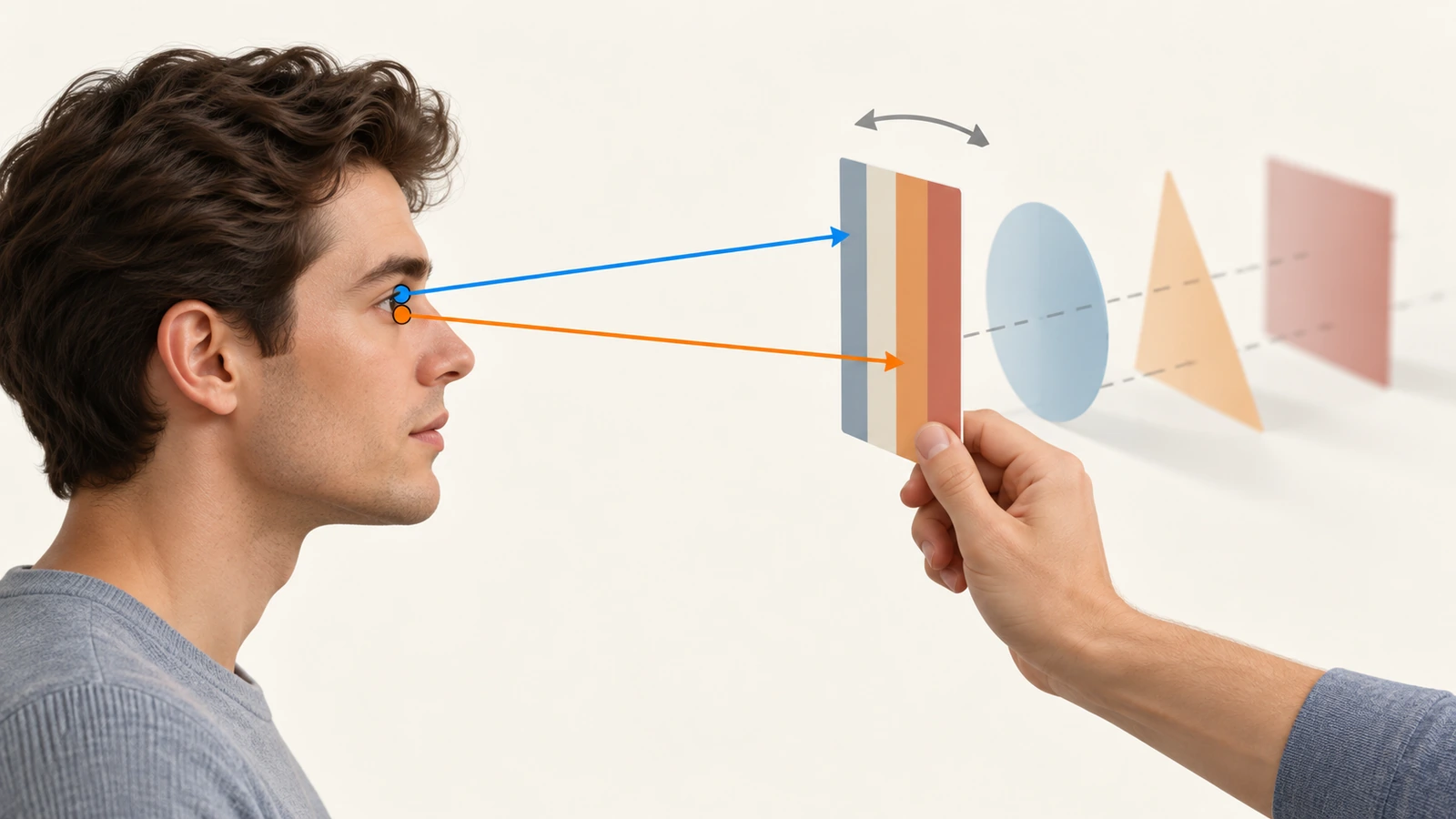 Illustration of a hand holding a lenticular card at arm's length with arrows showing left and right eye sight lines converging on layered depth