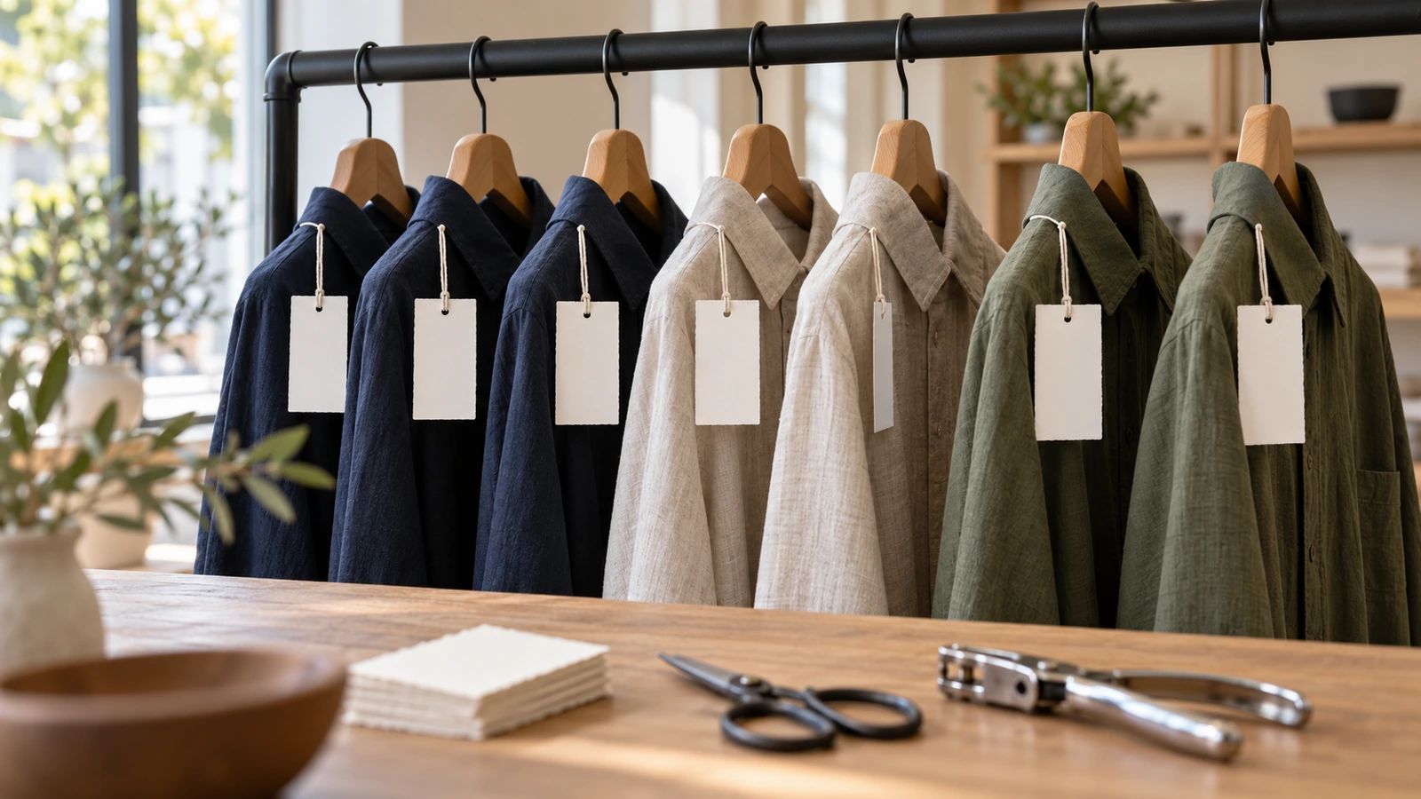 Paper mock-up hang tags at actual size hanging from the sleeves of folded shirts on a retail garment rail, used to test readability and tag rotation before ordering