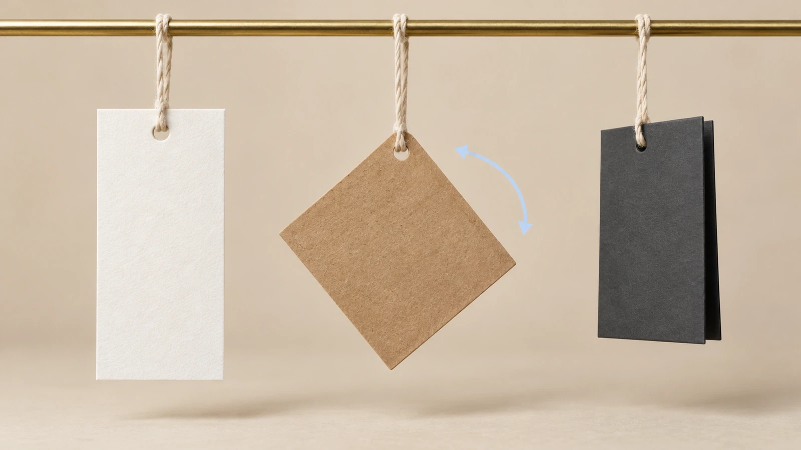 Three blank kraft and white hang tags hanging on strings, showing a top-center hole that keeps the tag upright, a top-corner hole that tilts it, and a side hole on a folded tag