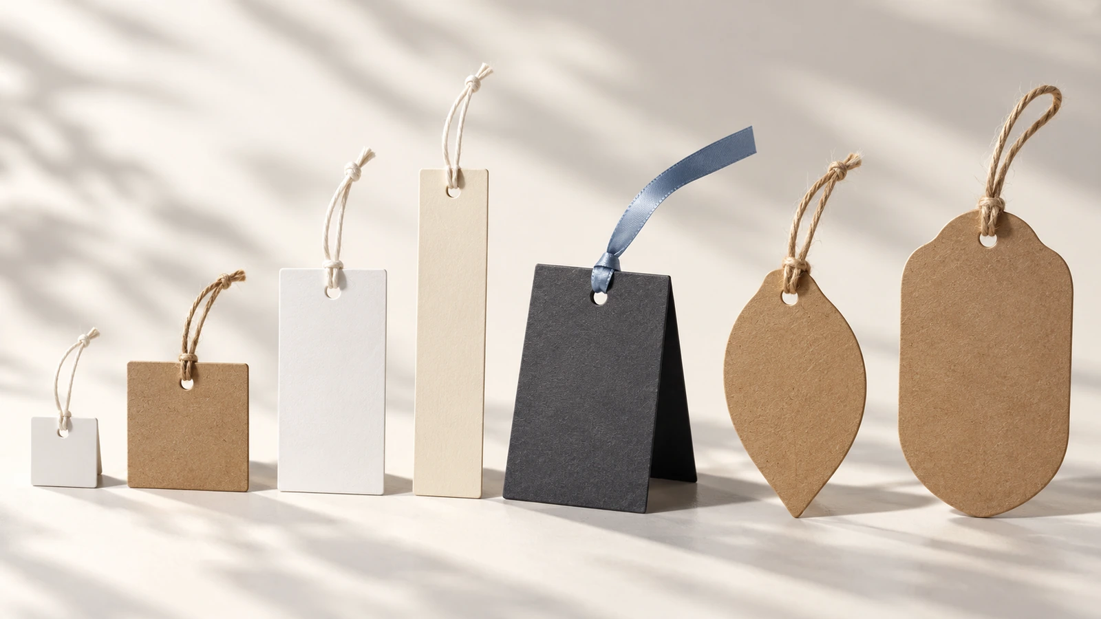 Blank hang tags arranged from smallest to largest: a mini square tag, a standard vertical rectangle, a long strip, a folded tag standing open and two die-cut shapes, all without printing