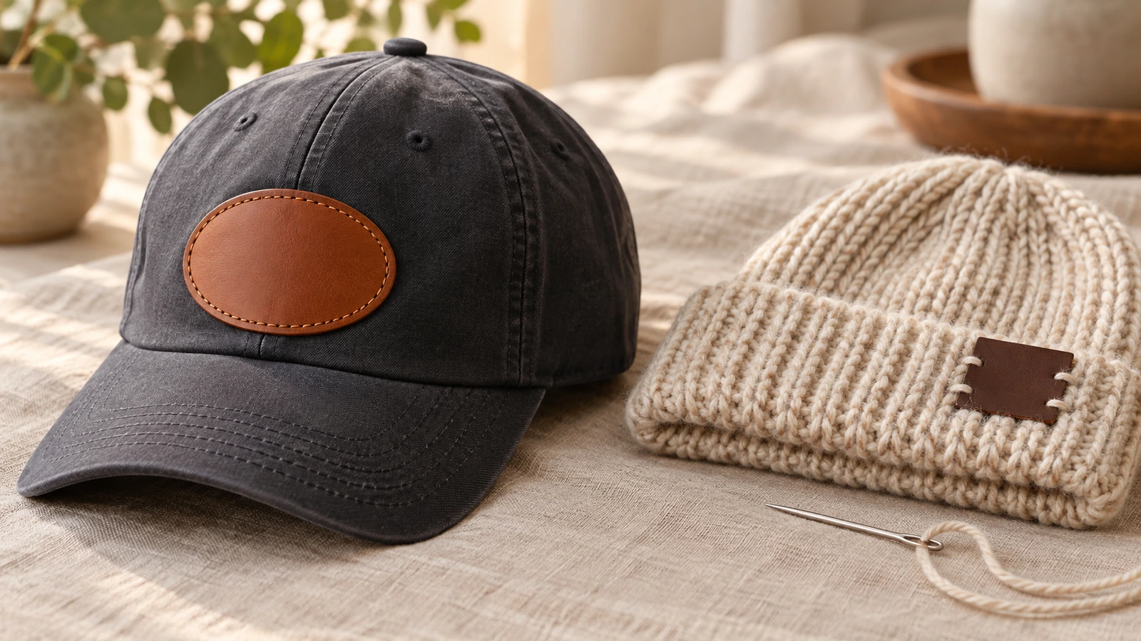 A structured cap and a folded knit beanie side by side, showing a stitched leather patch on the cap front panel and a hand-stitched fold-over label on the beanie cuff